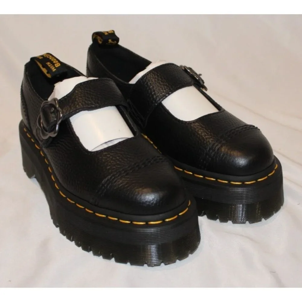 Dr Martens Women Addina Flower Buckle Mary Jane Leather Platform Sandal BLACK 10